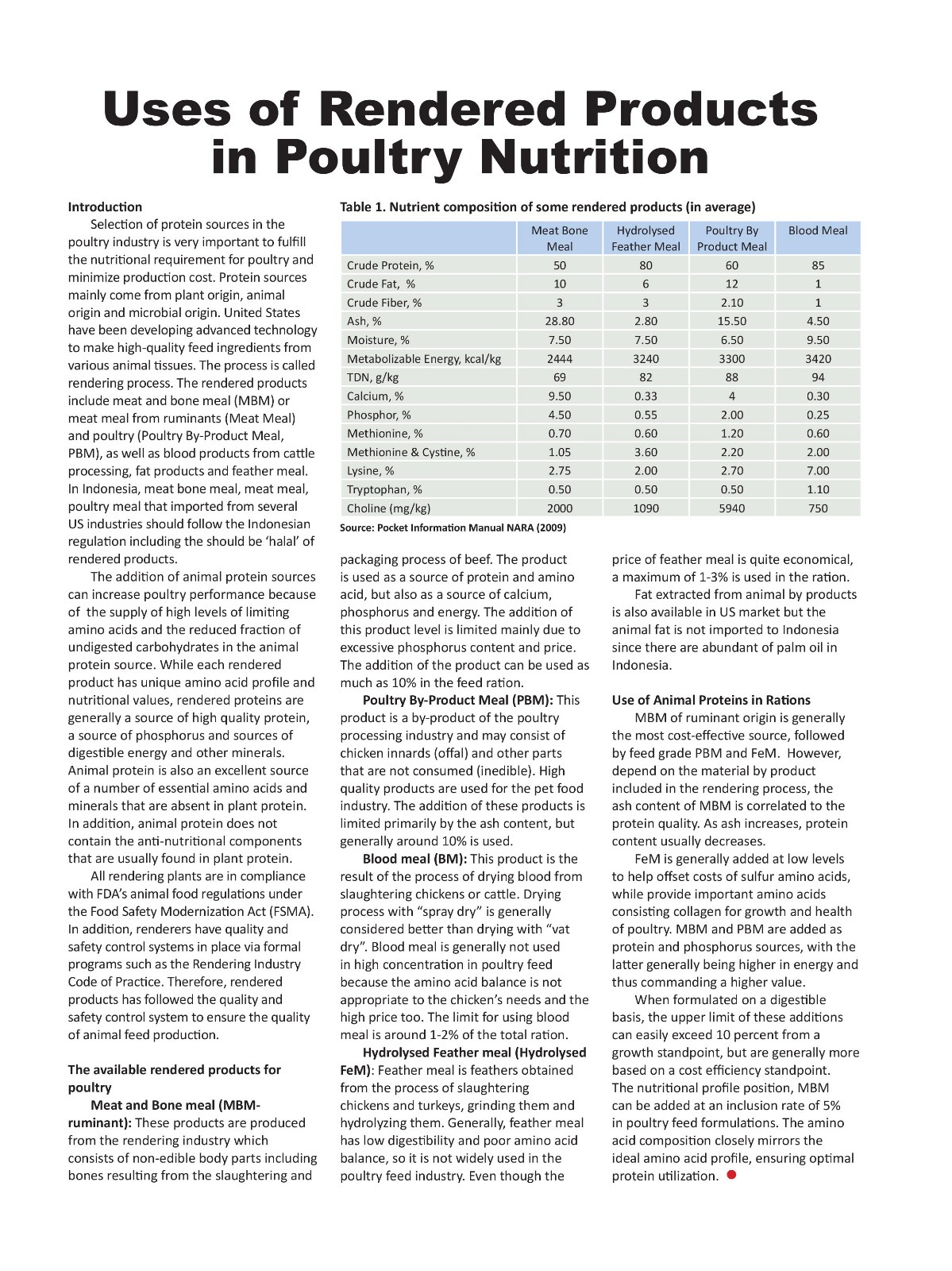 USES OF RENDERED PRODUCTS IN POULTRY NUTRITION